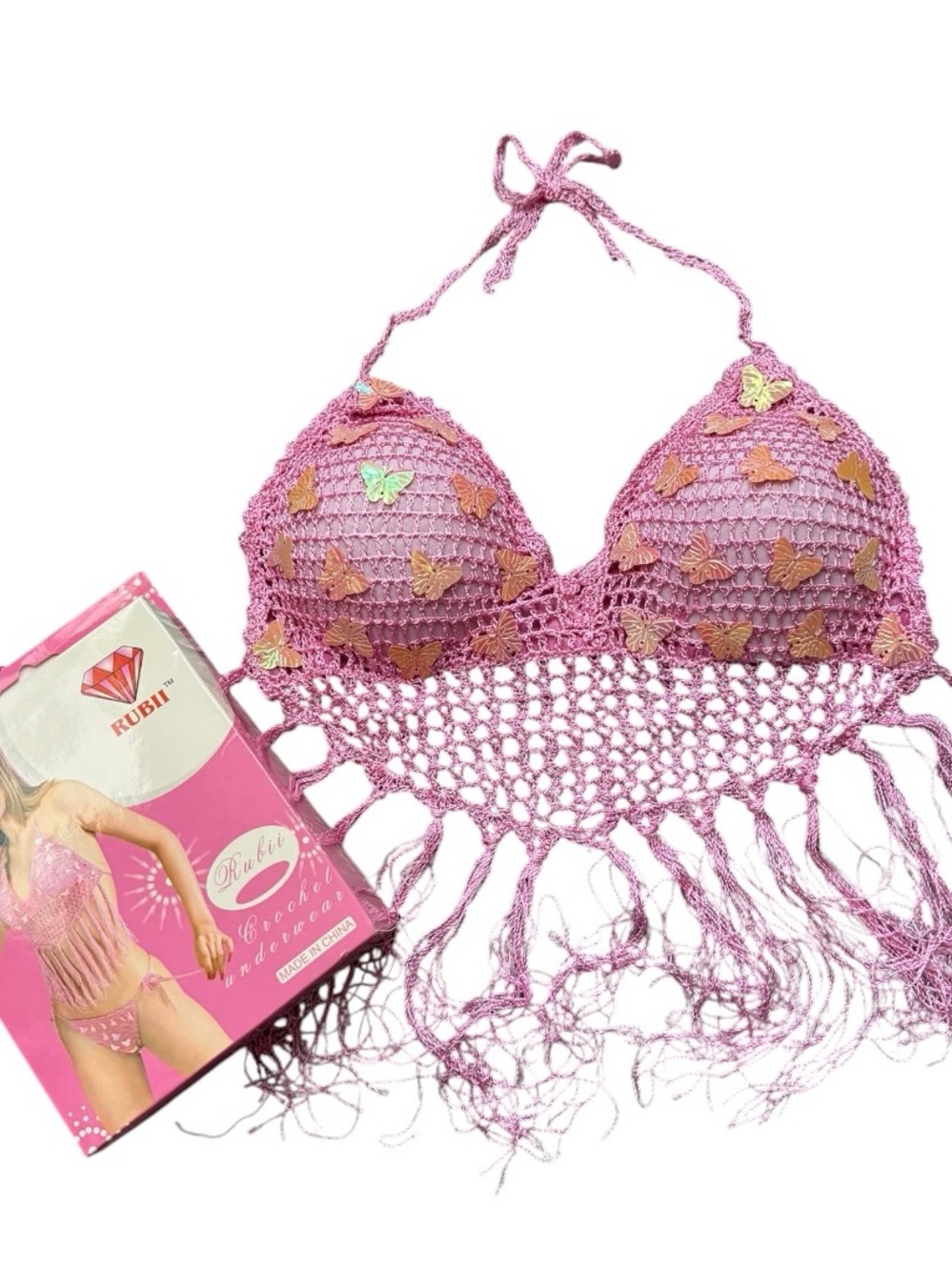2000’s crochet beaded butterfly halter top set.